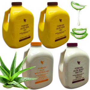 Kit 4 Aloe Mix Suco Forever Aloe Berry, Aloe Bits n’ Peaches e Aloe Vera Gel Babosa